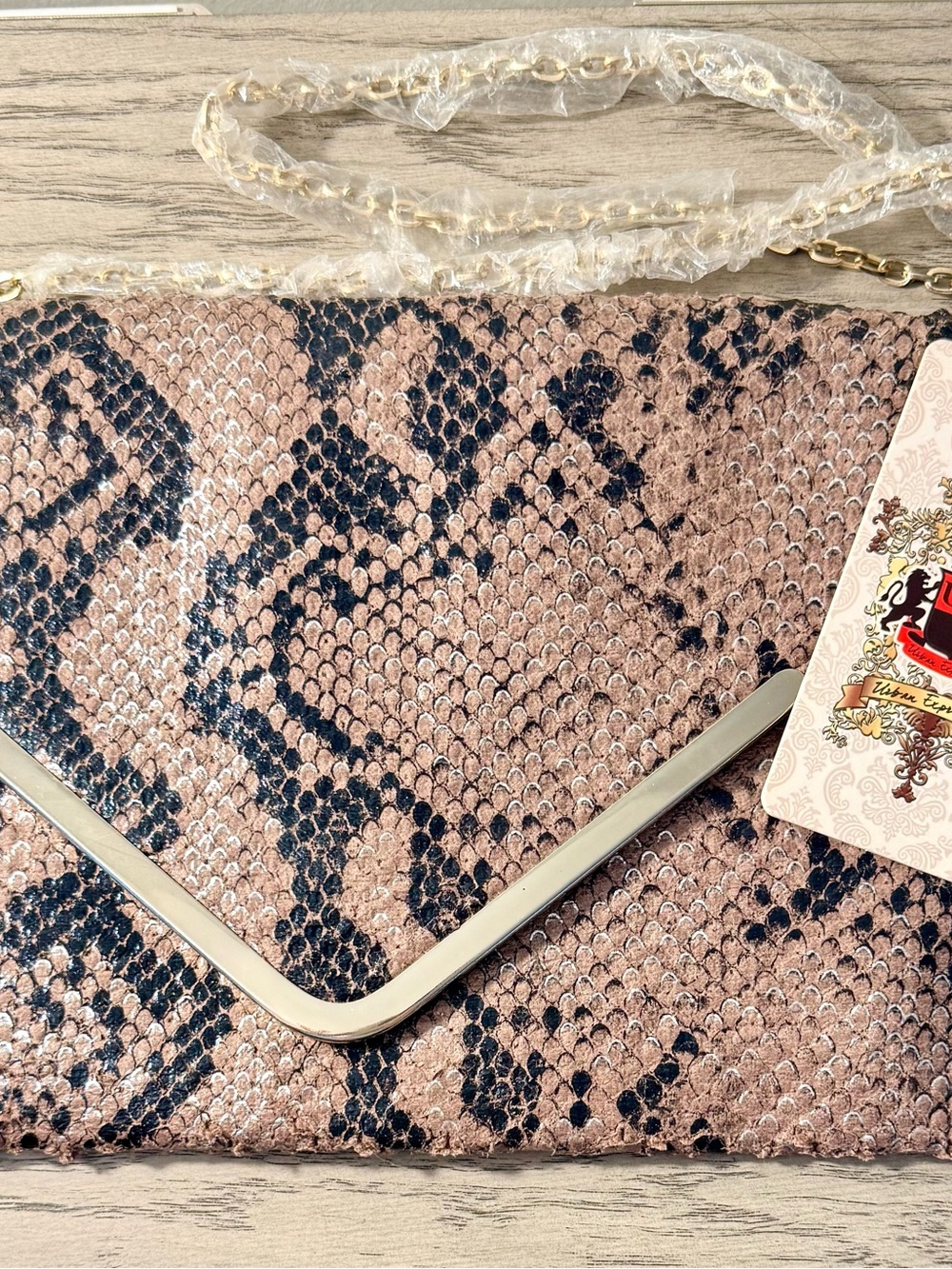 Snake-Print Envelope Clutch with Chain Strap